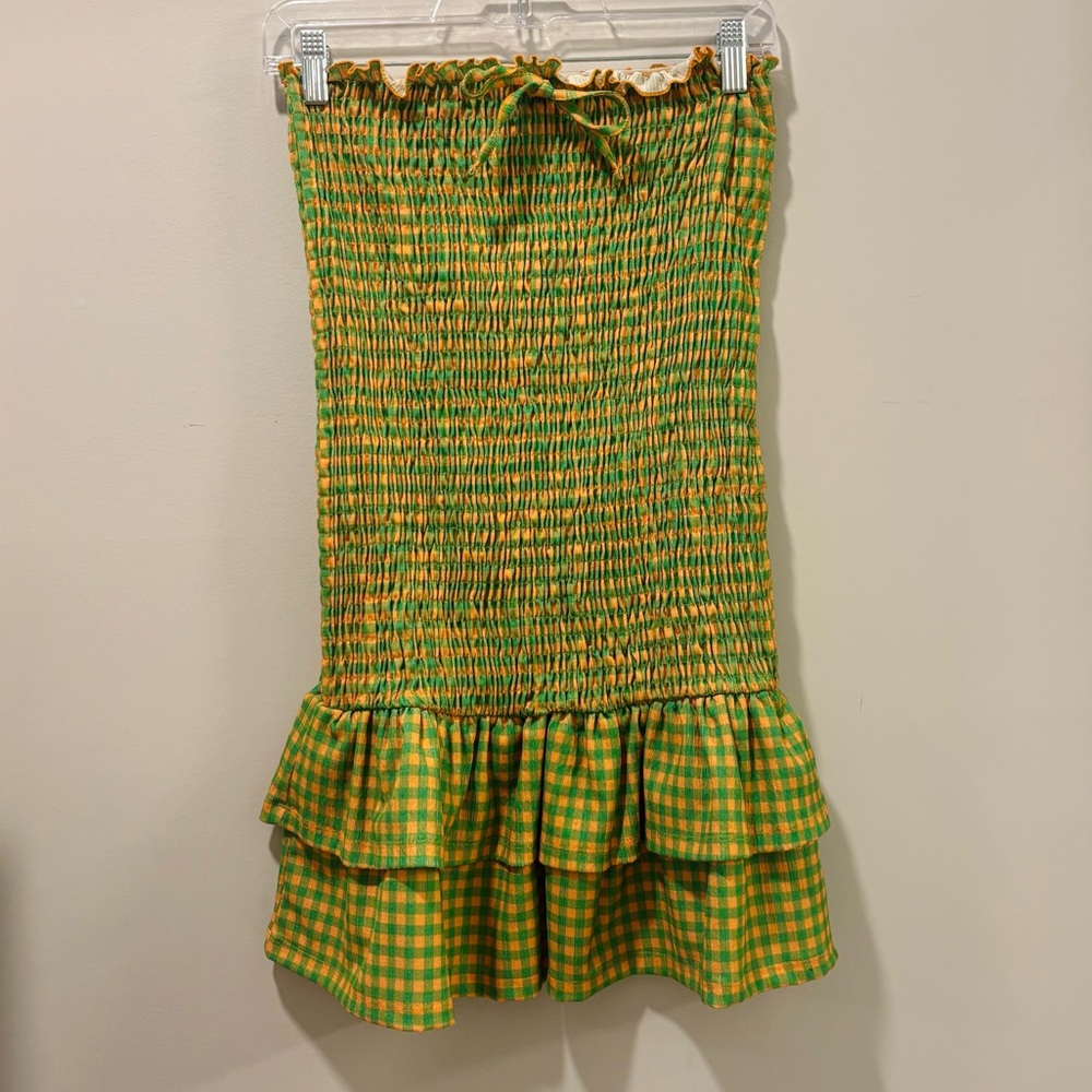 Smocked Gingham Strapless Bandeau Mini Dress Size: 2